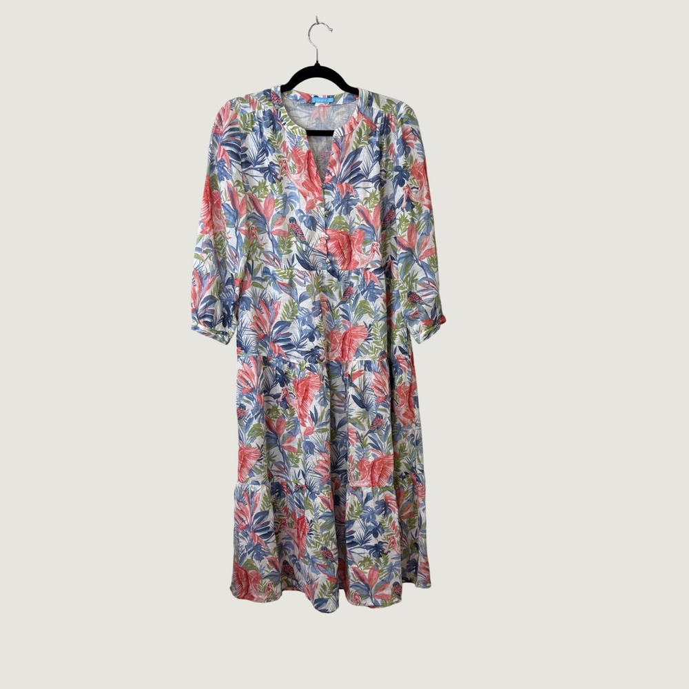 J. McLaughlin Linen Maxi Dress Tropical Bird Floral Blue Pink Coastal Boho Small